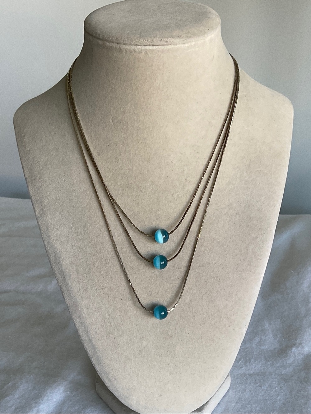 Layered Blue Glass Bead Gold Necklace